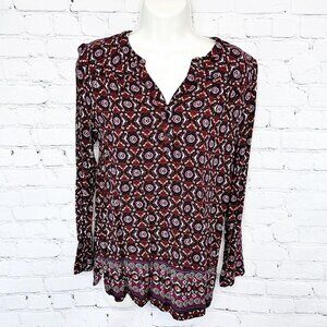LAURA SCOTT RUST PURPLE GREEN BLUE PRINT TUNIC TOP - S